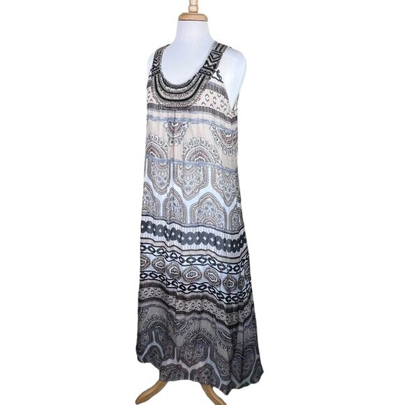 Hale Bob Boho Neutral Print Flowy Maxi with Beaded Neckline & Straps Medium - Picture 14 of 14
